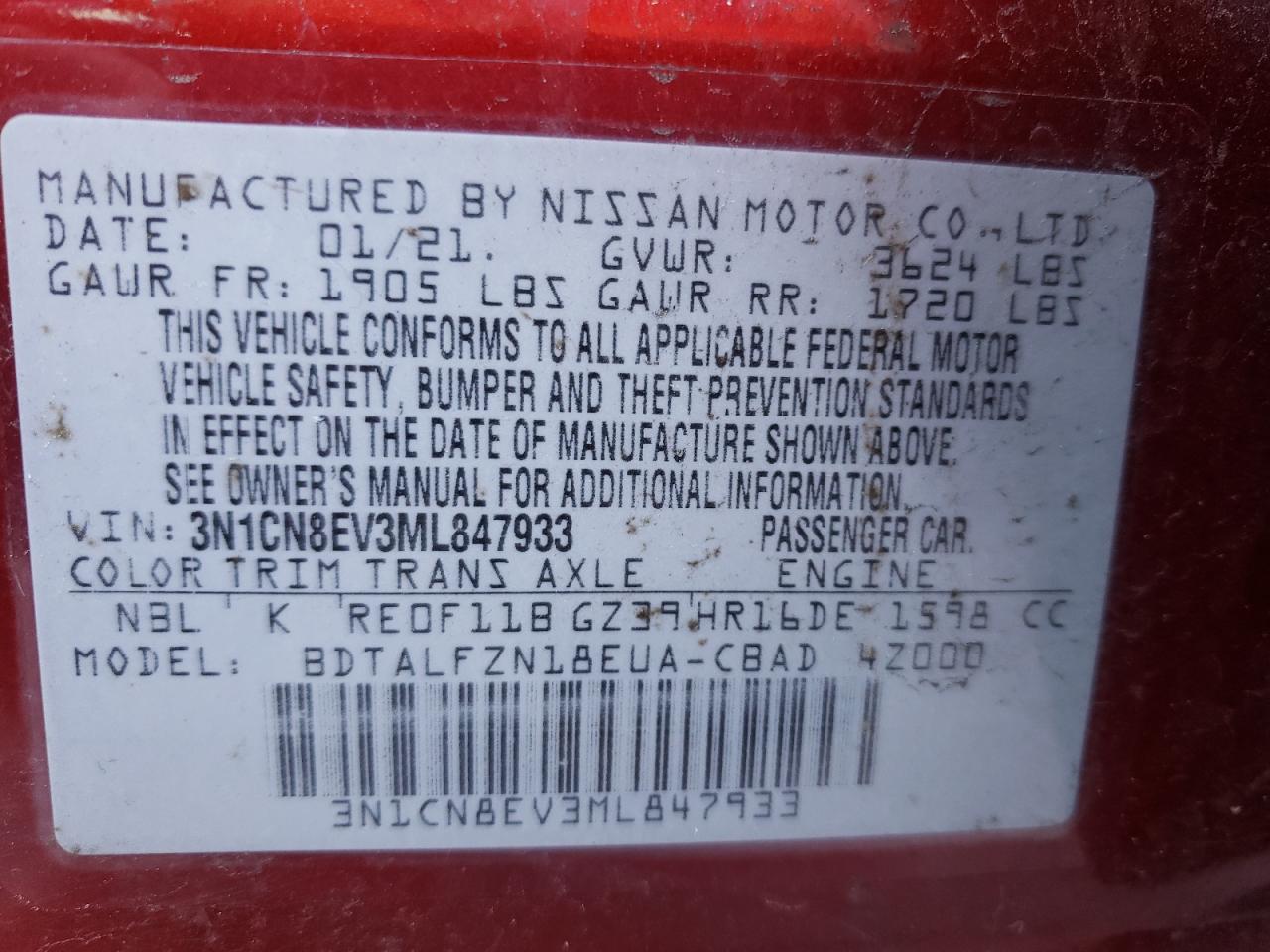 Photo 10 from auction – 2021 NISSAN VERSA SV with VIN 3N1CN8EV3ML847933