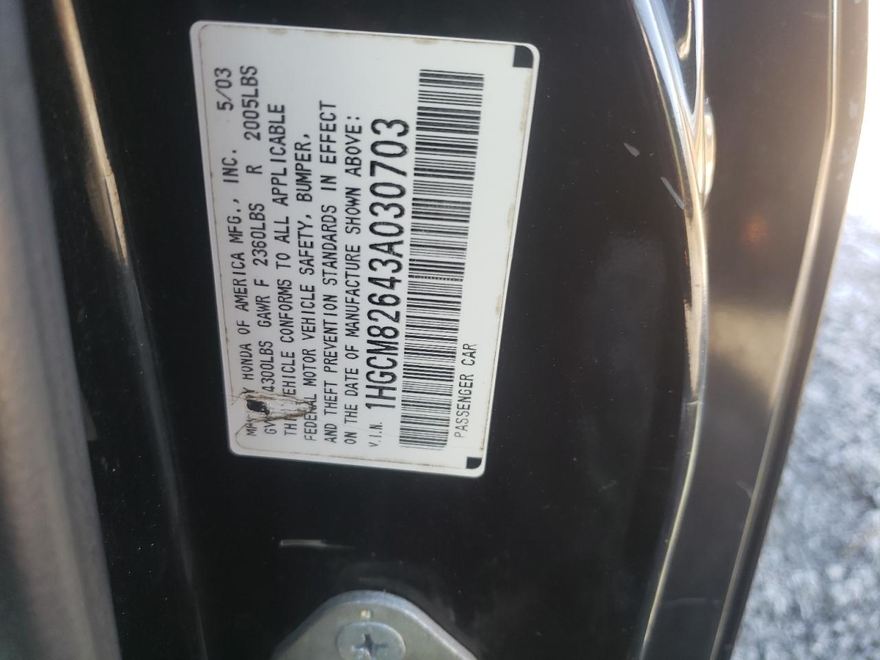 Photo 10 from auction – 2003 HONDA ACCORD EX with VIN 1HGCM82643A030703