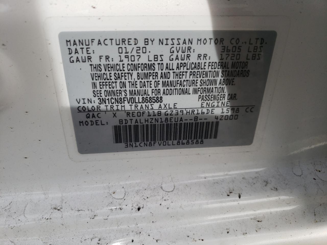 Photo 10 from auction – 2020 NISSAN VERSA SR with VIN 3N1CN8FV0LL868588