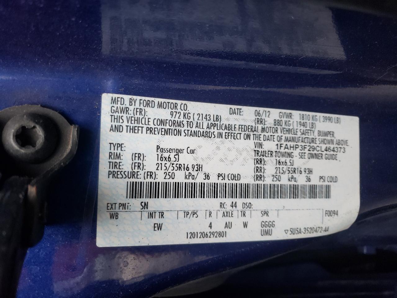 Photo 10 from auction – 2012 FORD FOCUS SE with VIN 1FAHP3F29CL464373