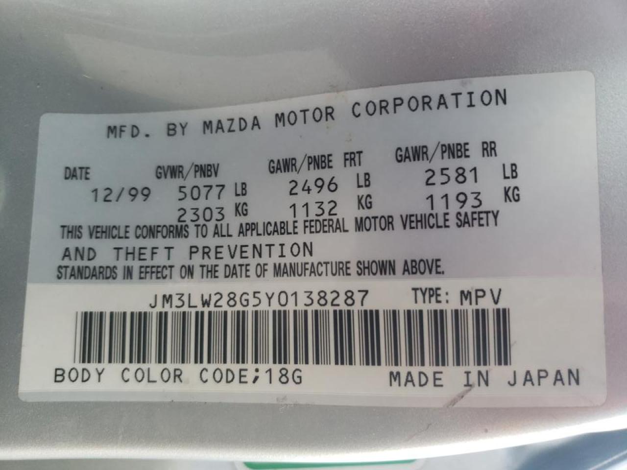 Photo 10 from auction – 2000 MAZDA MPV WAGON with VIN JM3LW28G5Y0138287