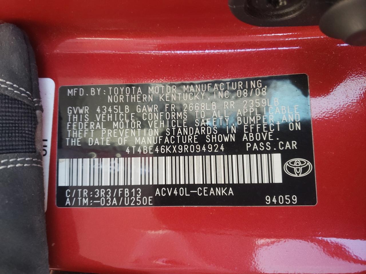 Photo 10 from auction – 2009 TOYOTA CAMRY BASE with VIN 4T4BE46KX9R094924