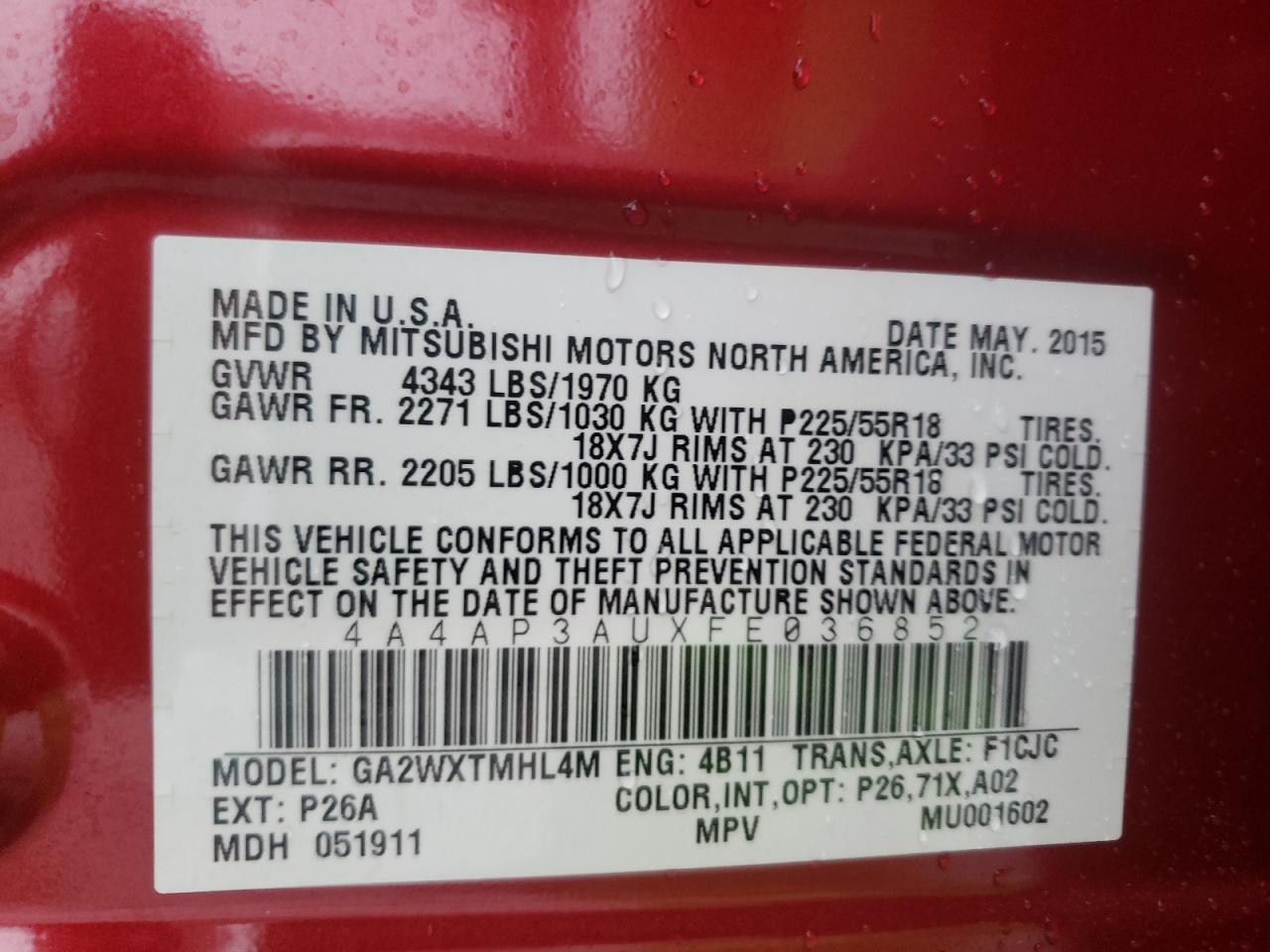 Photo 10 from auction – 2015 MITSUBISHI OUTLANDER with VIN 4A4AP3AUXFE036852