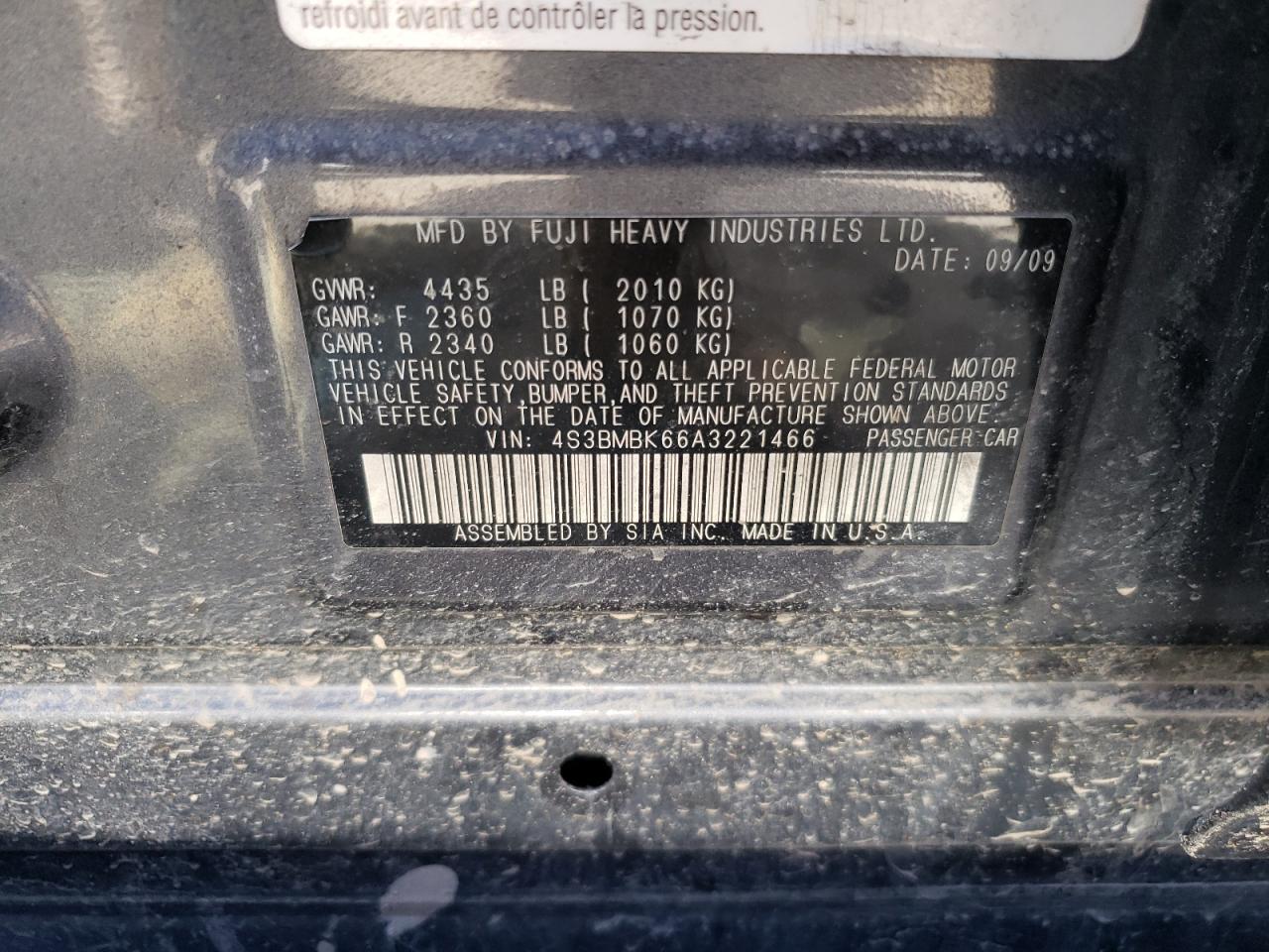 Photo 10 from auction – 2010 SUBARU LEGACY 2.5 with VIN 4S3BMBK66A3221466