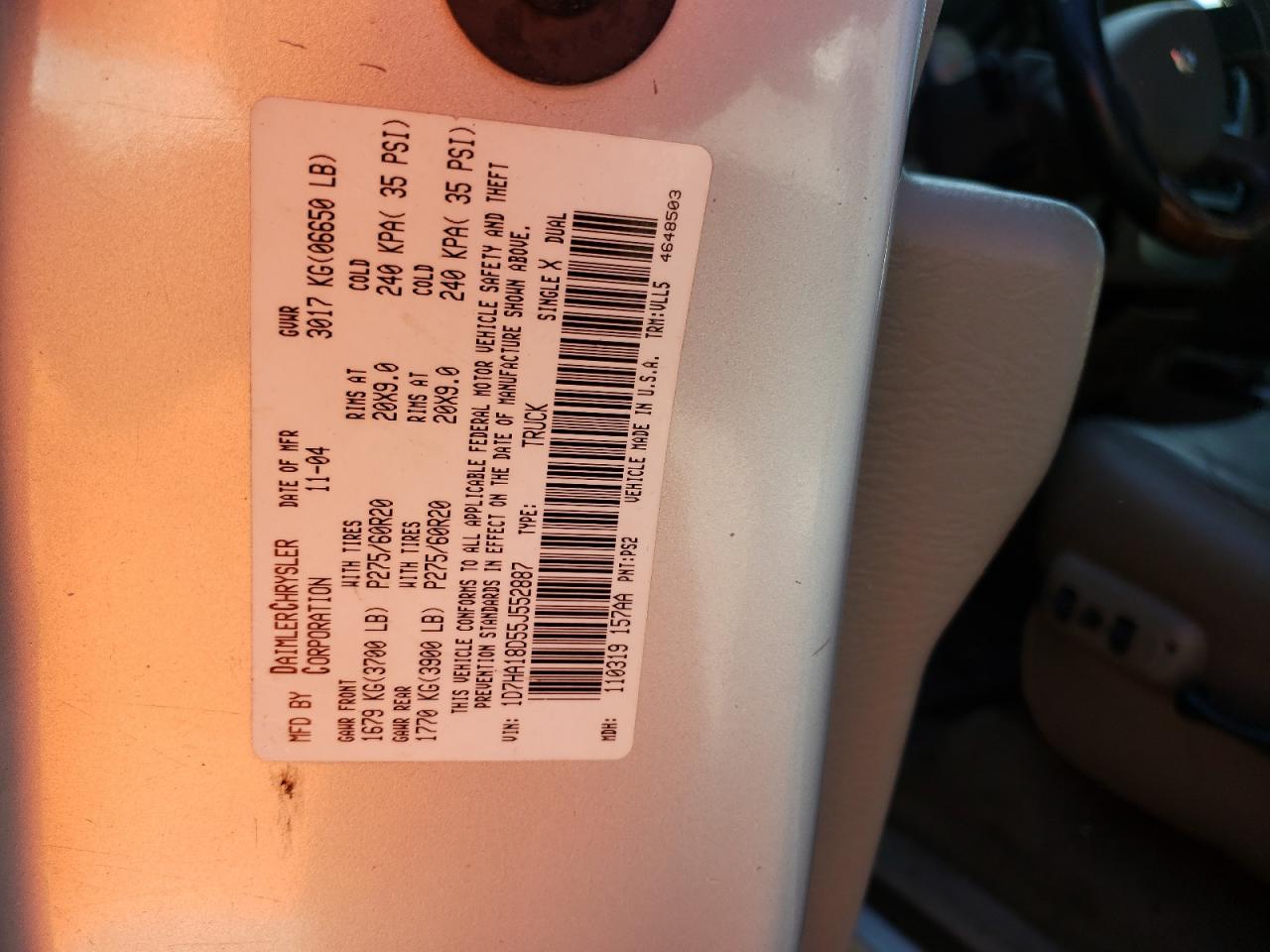 Photo 10 from auction – 2005 DODGE RAM 1500 S with VIN 1D7HA18D55J552887