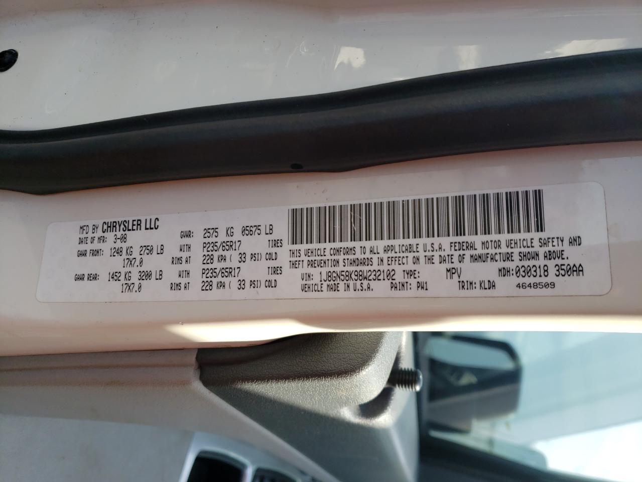 Photo 10 from auction – 2008 JEEP LIBERTY LI with VIN 1J8GN58K98W232102