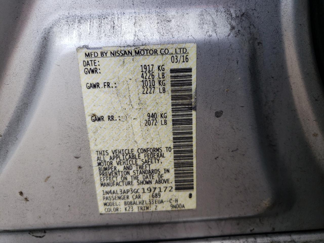 Photo 10 from auction – 2016 NISSAN ALTIMA 2.5 with VIN 1N4AL3AP3GC197172