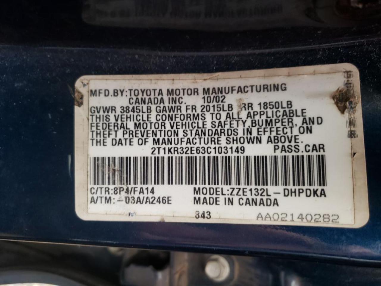 Photo 10 from auction – 2003 TOYOTA COROLLA MA with VIN 2T1KR32E63C103149