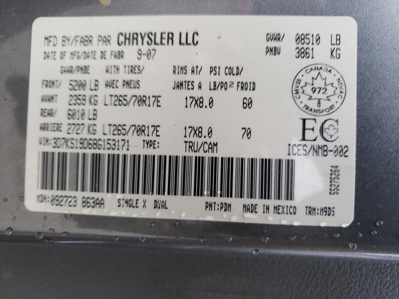 Photo 10 from auction – 2008 DODGE RAM 1500 with VIN 3D7KS19D68G153171