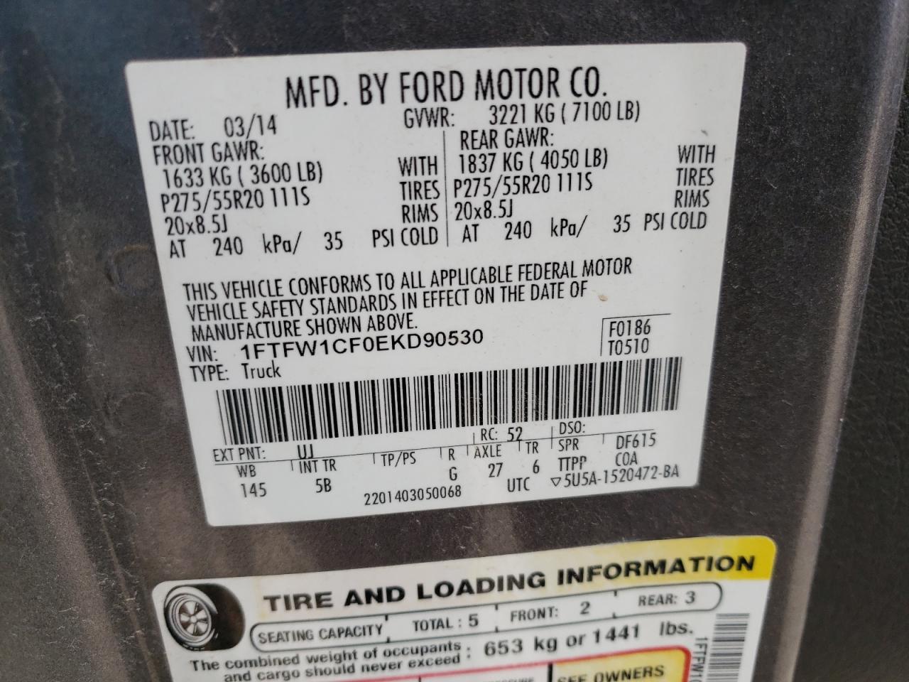 Photo 10 from auction – 2014 FORD F150 SUPER with VIN 1FTFW1CF0EKD90530