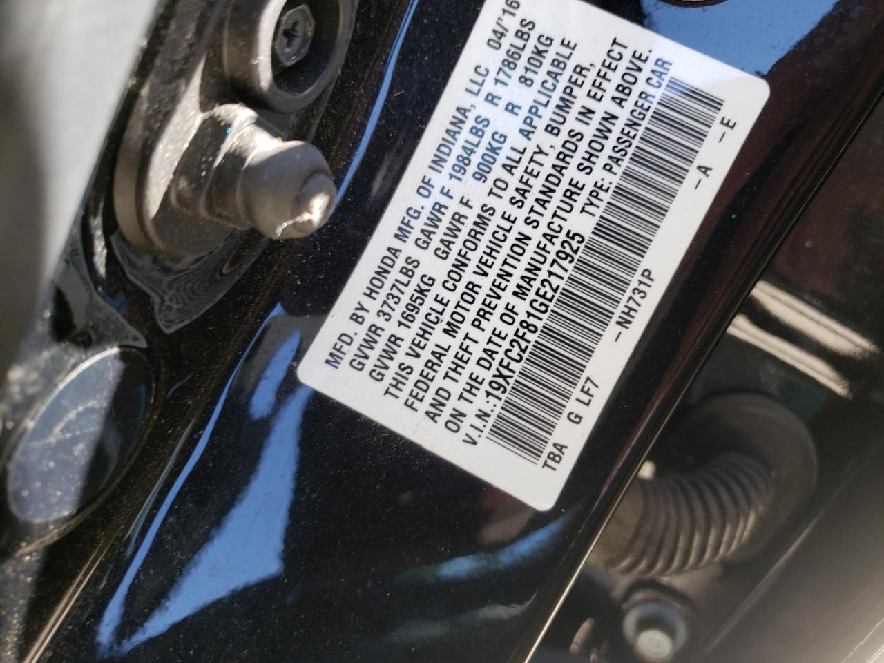 Photo 10 from auction – 2016 HONDA CIVIC EX with VIN 19XFC2F81GE217925