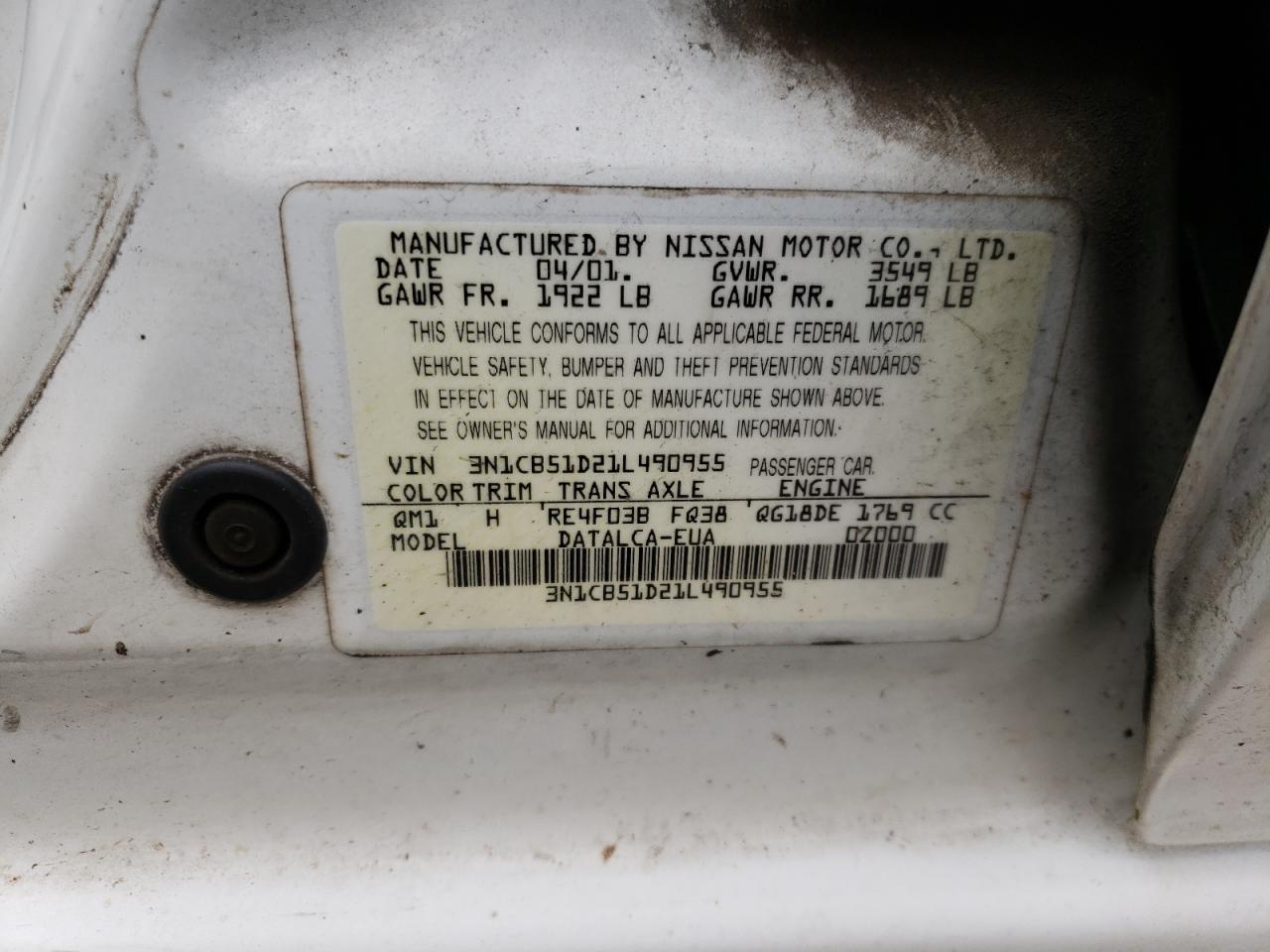 Photo 10 from auction – 2001 NISSAN SENTRA XE with VIN 3N1CB51D21L490955