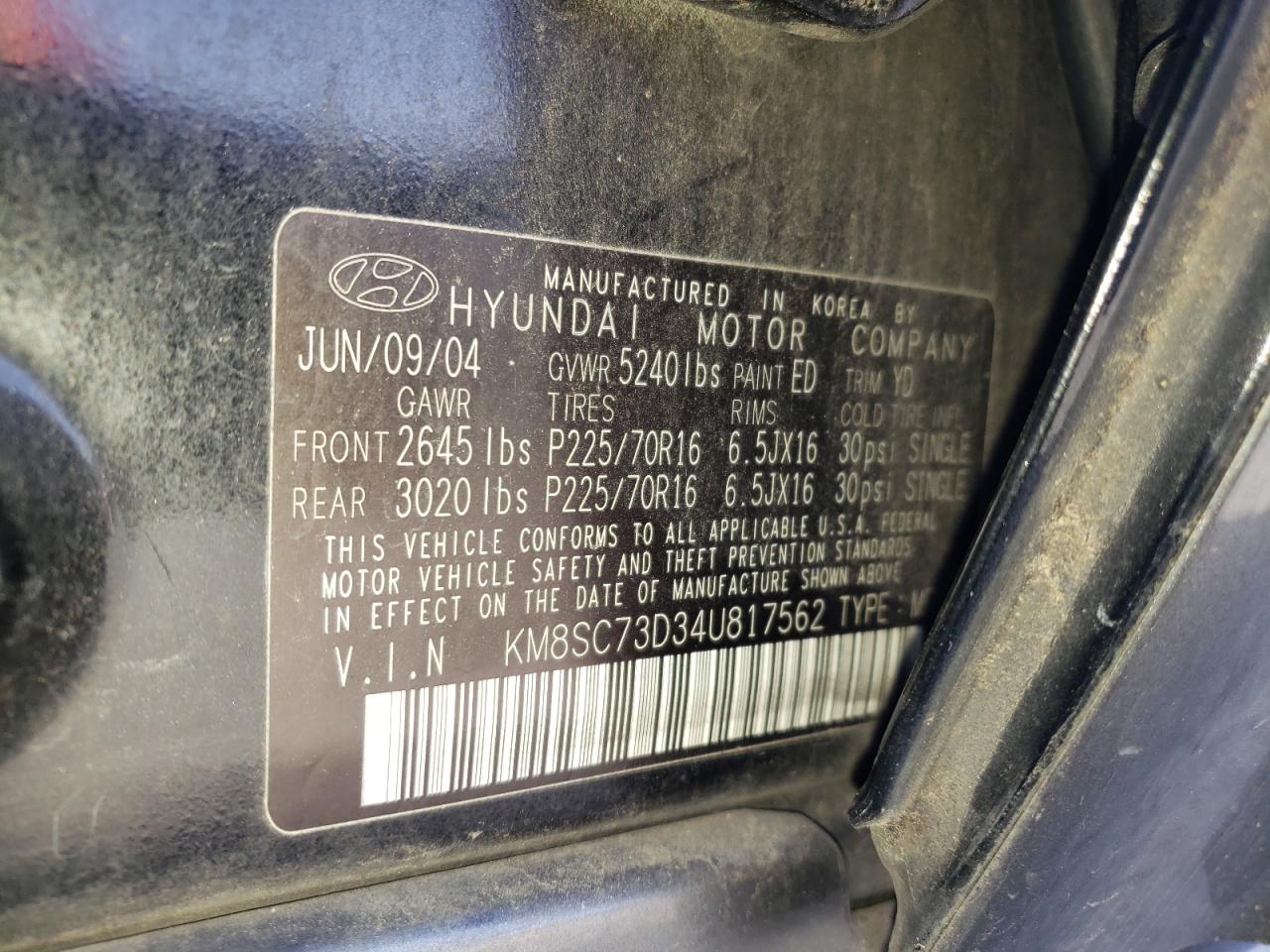 Photo 10 from auction – 2004 HYUNDAI SANTA FE with VIN KM8SC73D34U817562
