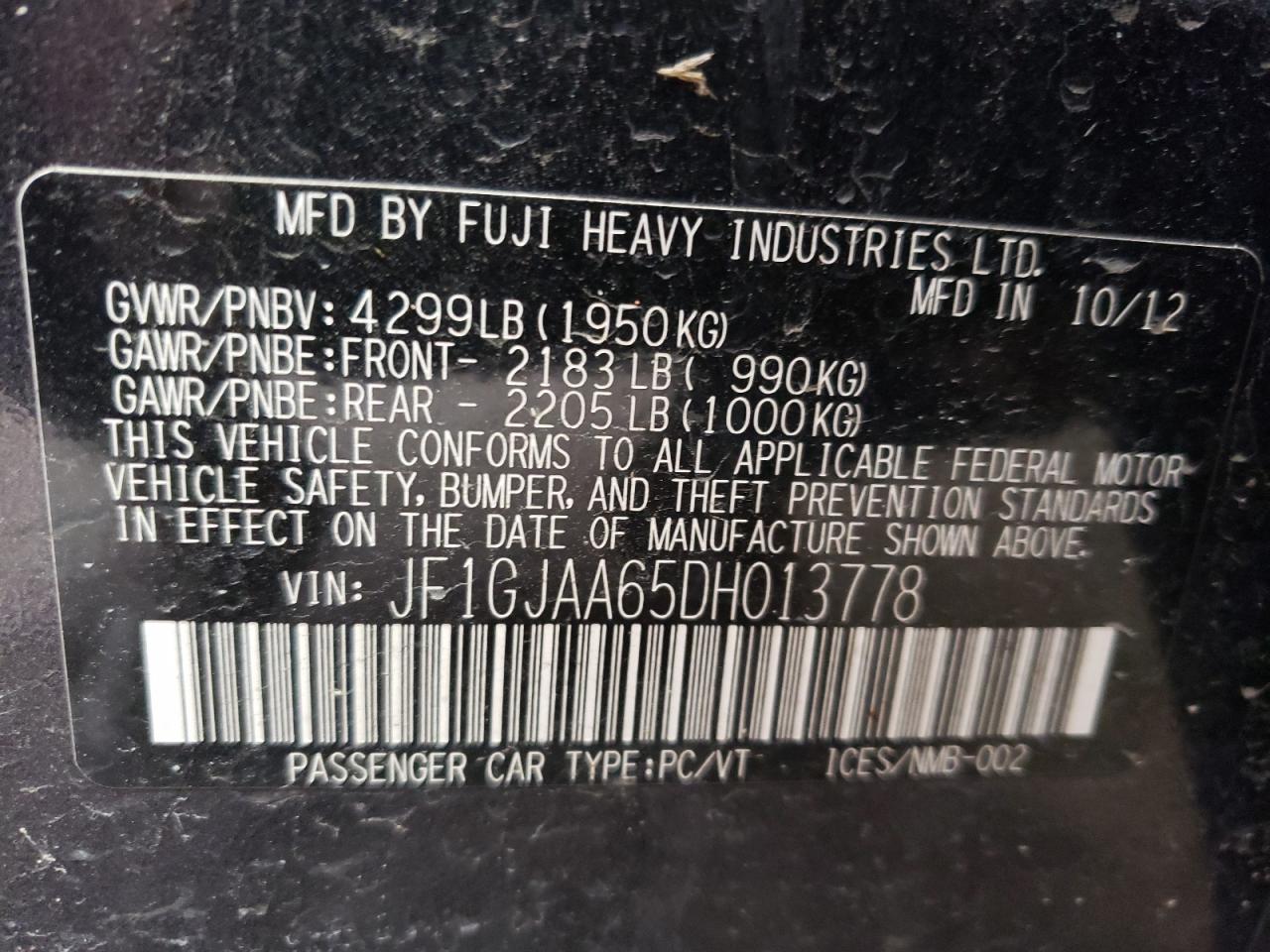 Фото 10 с аукциона – 2013 SUBARU IMPREZA с VIN JF1GJAA65DH013778