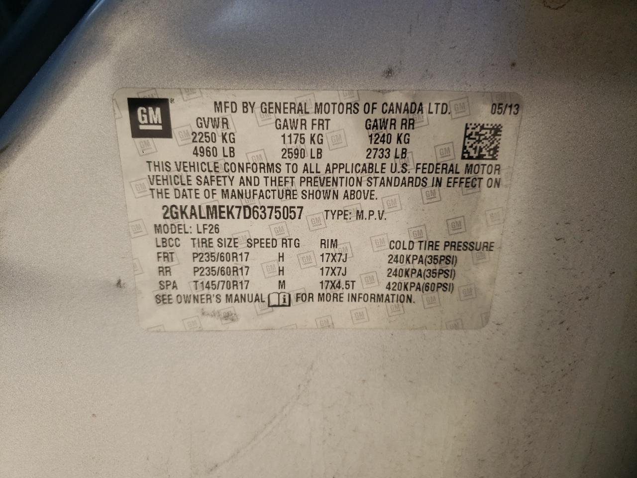 Photo 10 from auction – 2013 GMC TERRAIN SL with VIN 2GKALMEK7D6375057