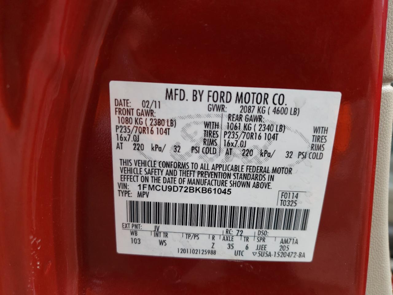 Photo 10 from auction – 2011 FORD ESCAPE XLT with VIN 1FMCU9D72BKB61045