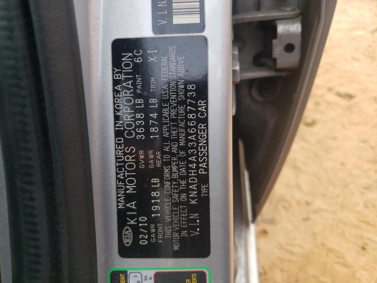 Photo 10 from auction – 2010 KIA RIO LX with VIN KNADH4A33A6687738