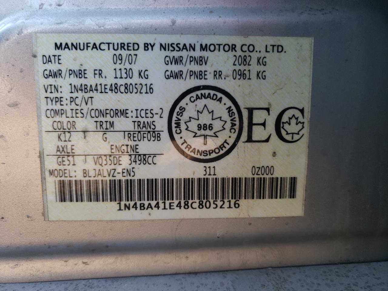 Photo 10 from auction – 2008 NISSAN MAXIMA SE with VIN 1N4BA41E48C805216