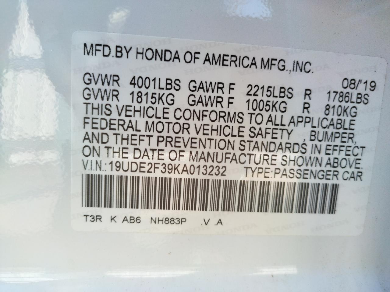 Photo 10 from auction – 2019 ACURA ILX with VIN 19UDE2F39KA013232