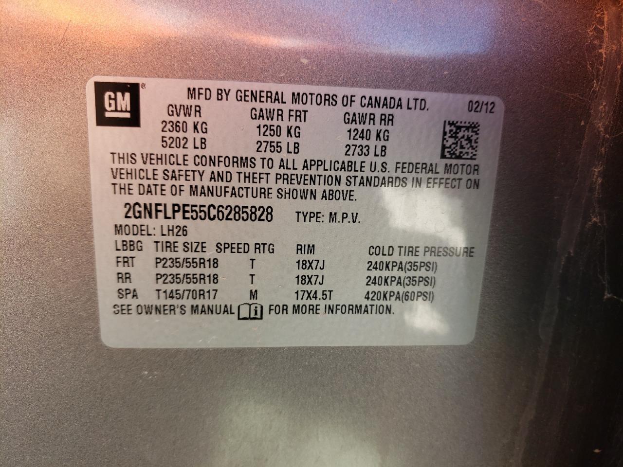 Photo 10 from auction – 2012 CHEVROLET EQUINOX LT with VIN 2GNFLPE55C6285828