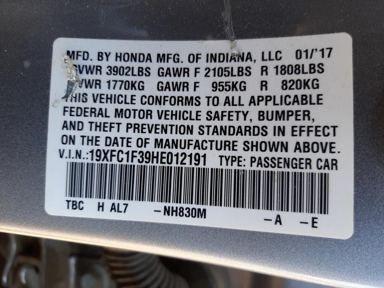 Photo 10 from auction – 2017 HONDA CIVIC EX with VIN 19XFC1F39HE012191