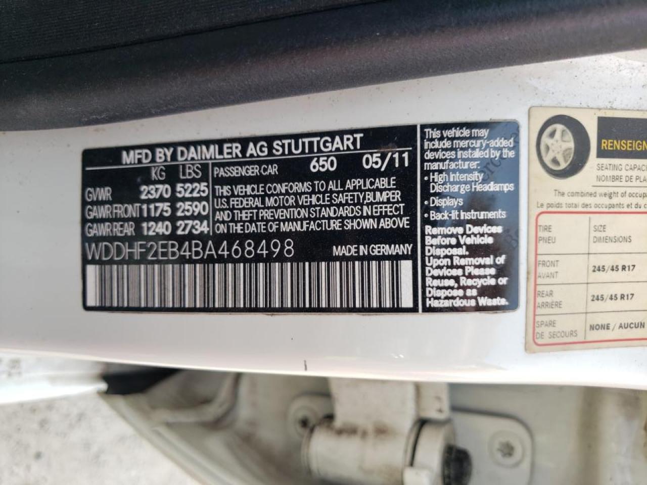 Photo 10 from auction – 2011 MERCEDES-BENZ E 350 BLUE with VIN WDDHF2EB4BA468498