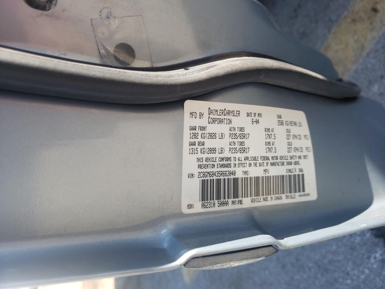 Photo 10 from auction – 2005 CHRYSLER PACIFICA with VIN 2C8GM68435R663040
