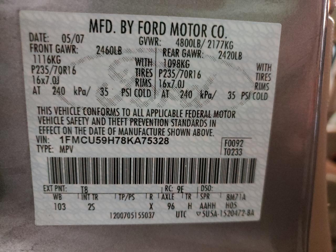 Photo 10 from auction – 2008 FORD ESCAPE HEV with VIN 1FMCU59H78KA75328
