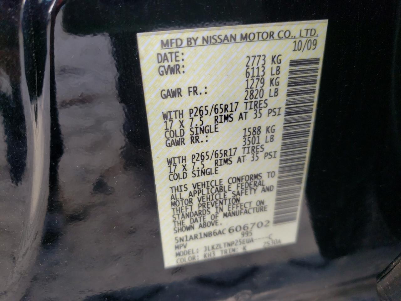 Photo 10 from auction – 2010 NISSAN PATHFINDER with VIN 5N1AR1NB6AC606702