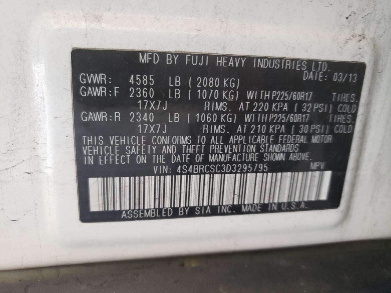 Photo 10 from auction – 2013 SUBARU OUTBACK 2. with VIN 4S4BRCSC3D3295795