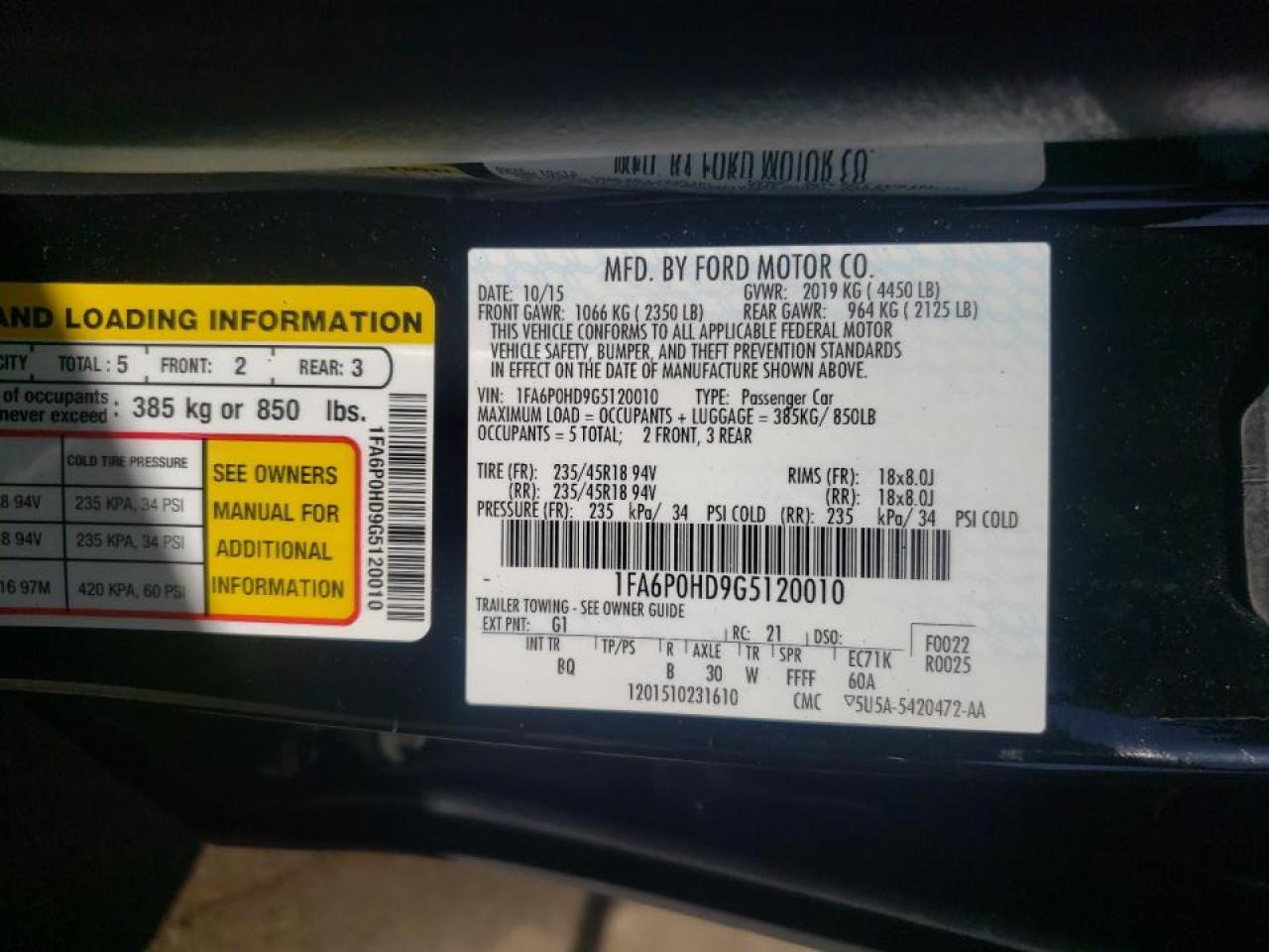 Photo 10 from auction – 2016 FORD FUSION SE with VIN 1FA6P0HD9G5120010