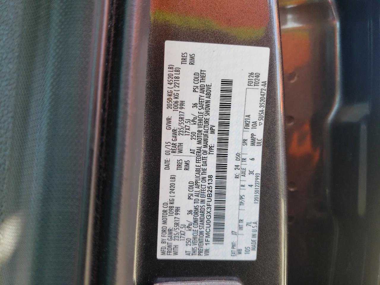 Photo 10 from auction – 2015 FORD ESCAPE SE with VIN 1FMCU0GX3FUB25138