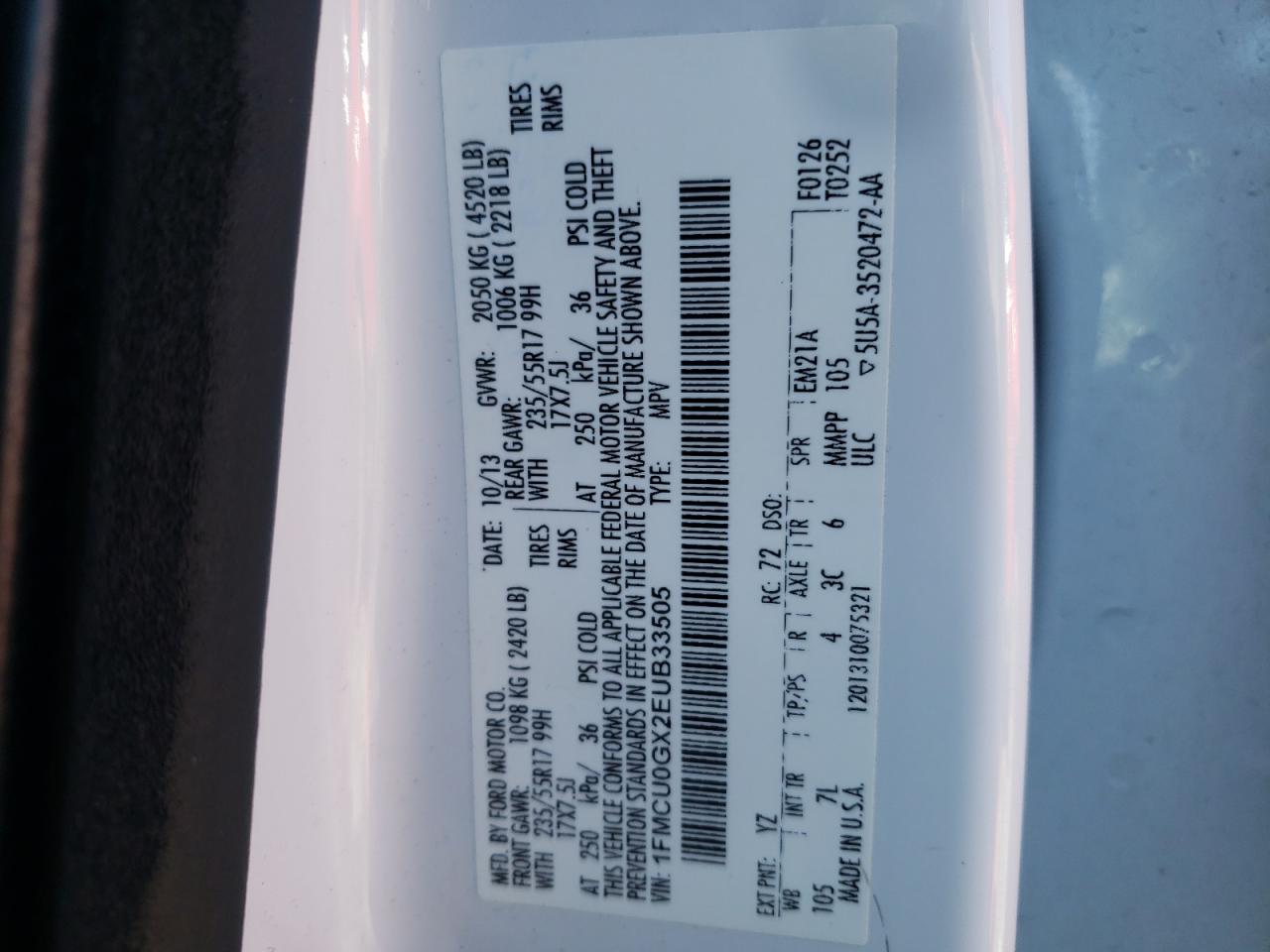 Photo 10 from auction – 2014 FORD ESCAPE SE with VIN 1FMCU0GX2EUB33505