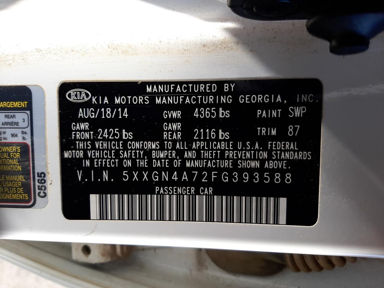 Photo 10 from auction – 2015 KIA OPTIMA EX with VIN 5XXGN4A72FG393588