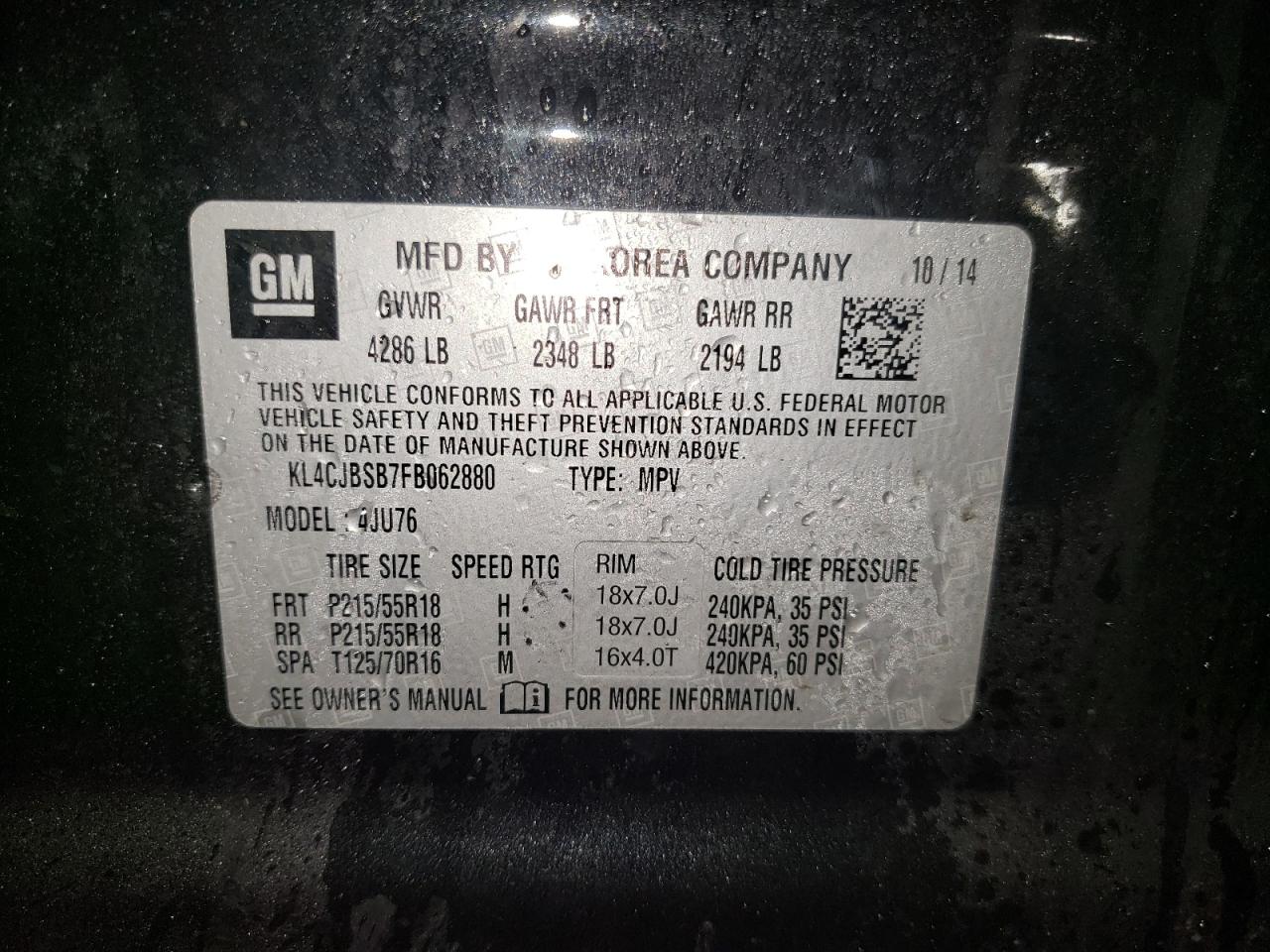 Photo 10 from auction – 2015 BUICK ENCORE CON with VIN KL4CJBSB7FB062880