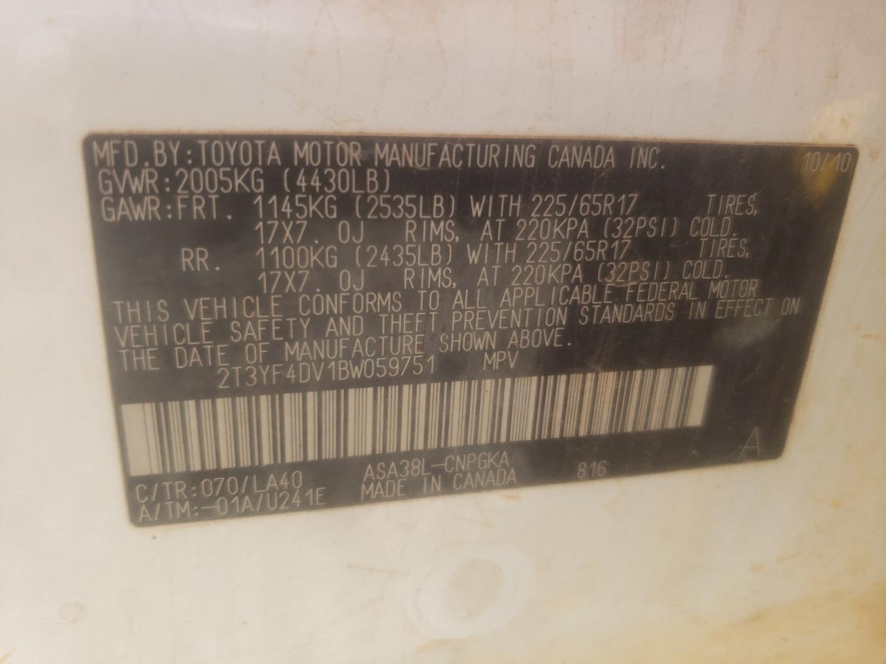 Photo 10 from auction – 2011 TOYOTA RAV4 LIMIT with VIN 2T3YF4DV1BW059751