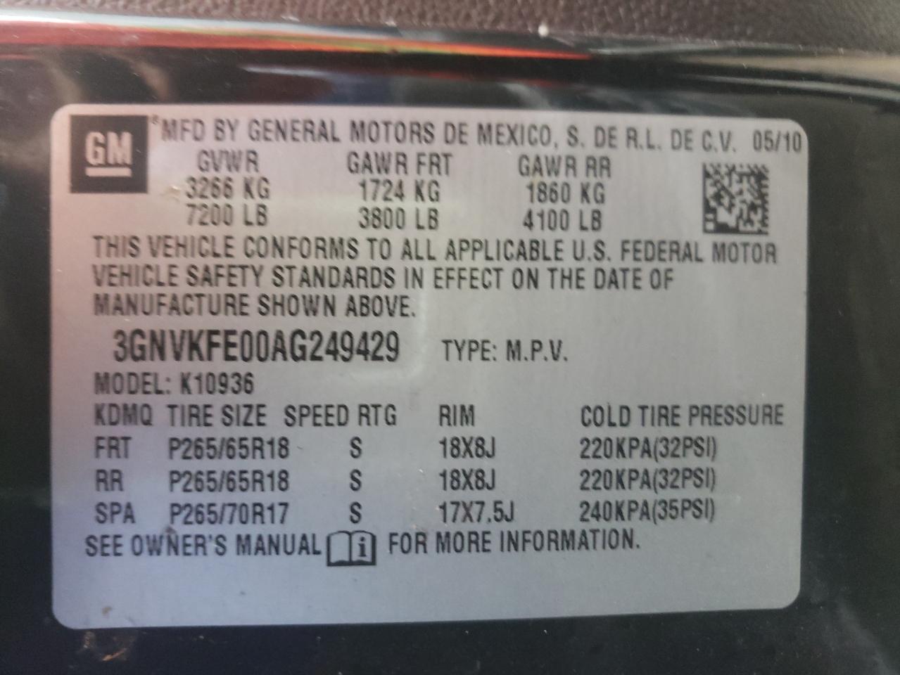 Photo 10 from auction – 2010 CHEVROLET AVALANCHE with VIN 3GNVKFE00AG249429