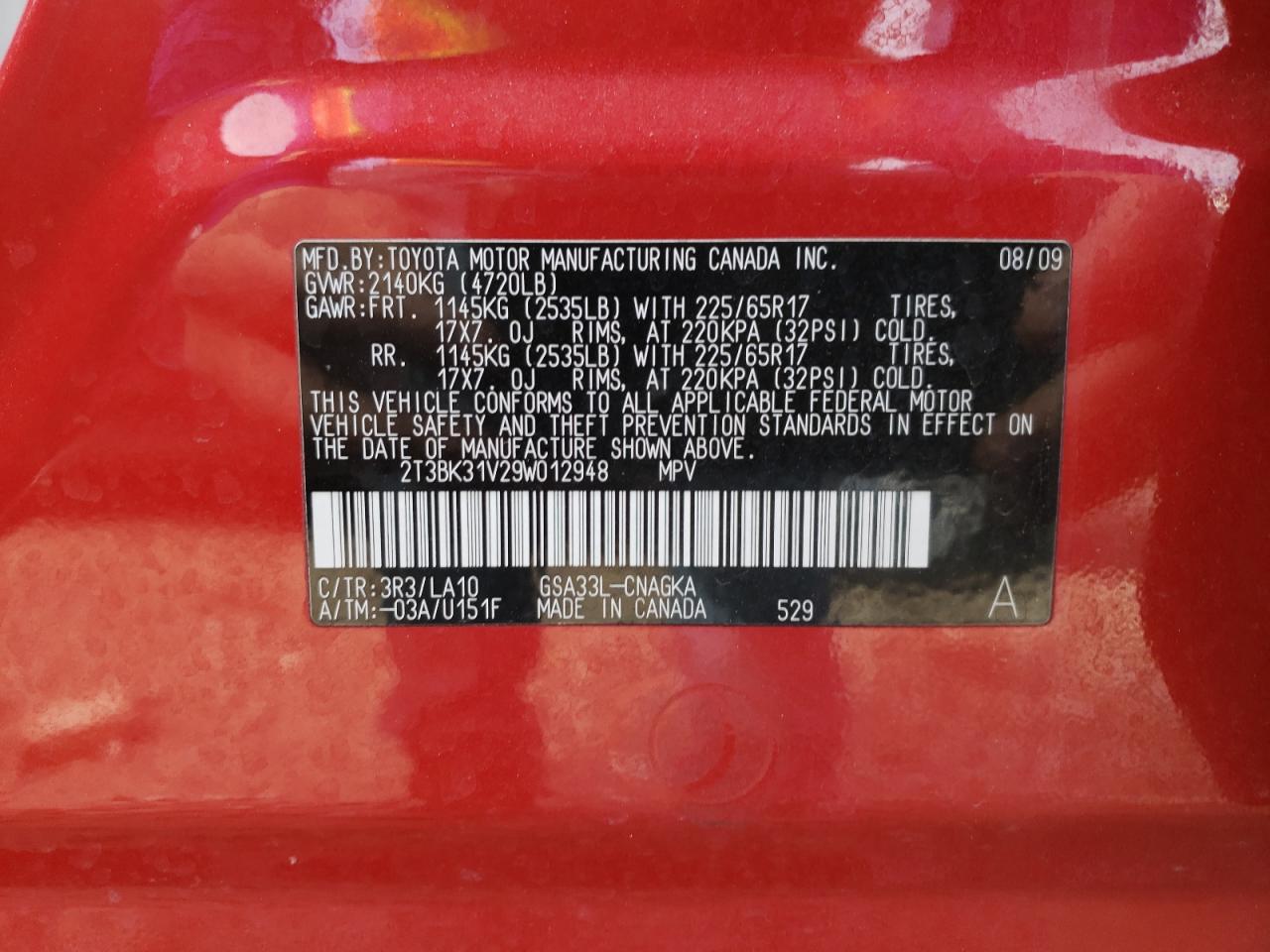 Photo 10 from auction – 2009 TOYOTA RAV4 LIMIT with VIN 2T3BK31V29W012948
