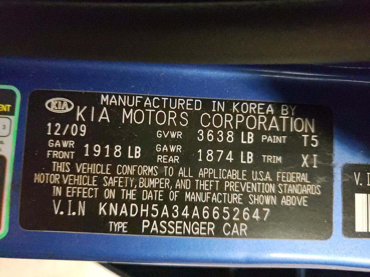 Photo 10 from auction – 2010 KIA RIO LX with VIN KNADH5A34A6652647