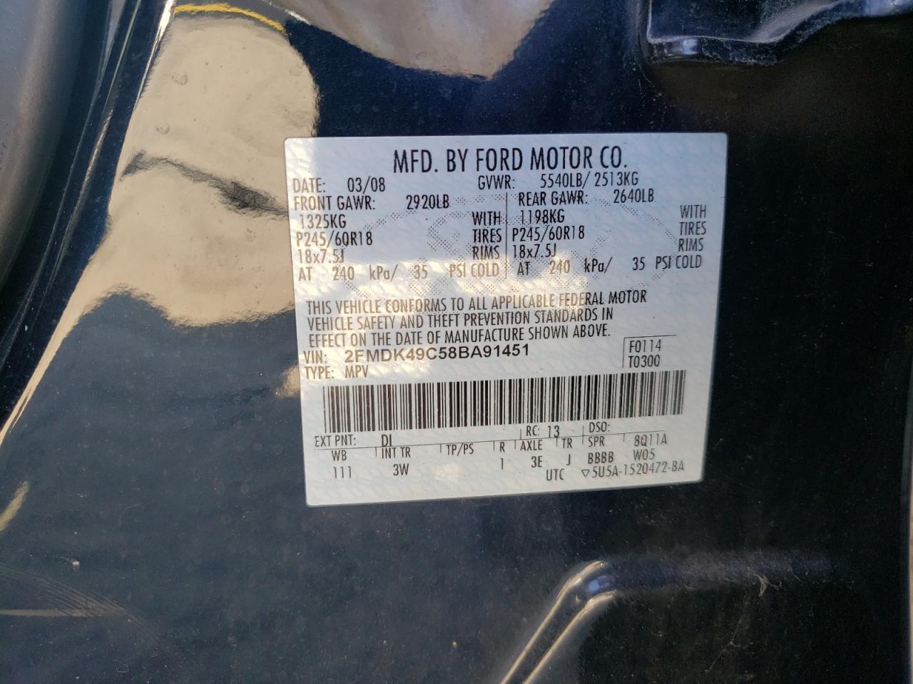 Photo 10 from auction – 2008 FORD EDGE LIMIT with VIN 2FMDK49C58BA91451