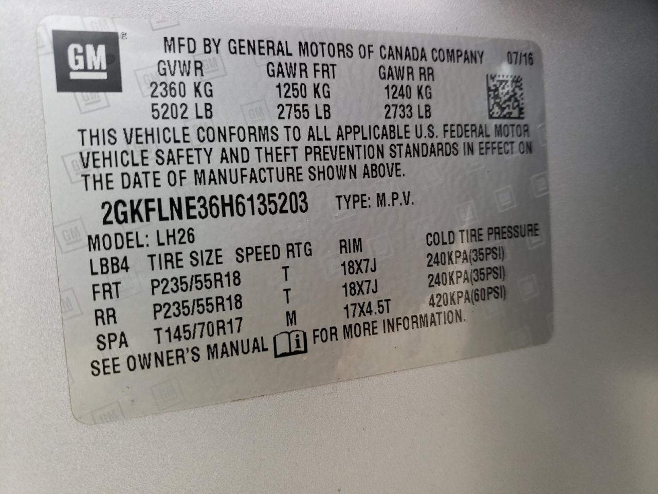 Photo 10 from auction – 2017 GMC TERRAIN SL with VIN 2GKFLNE36H6135203