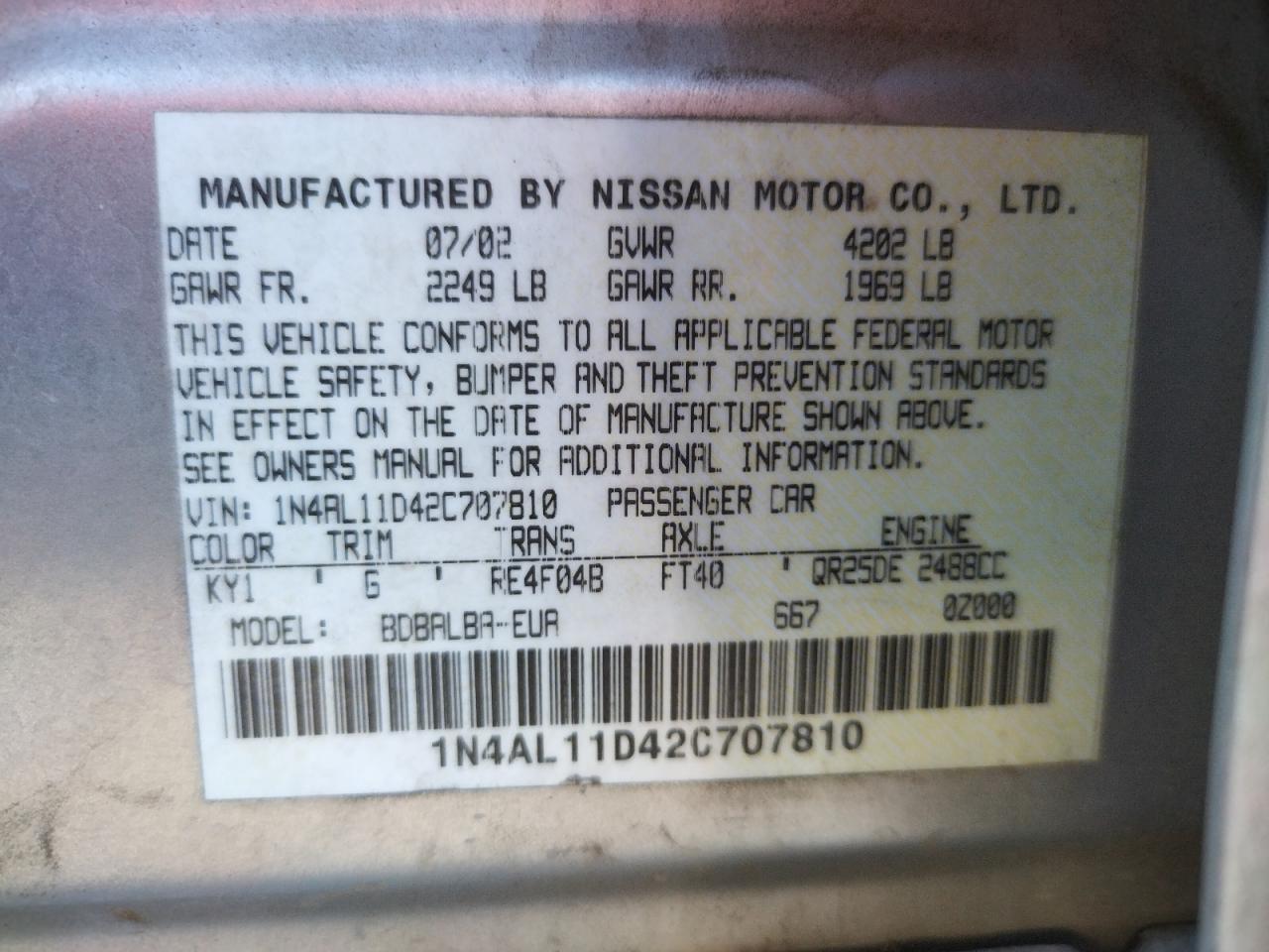 Photo 10 from auction – 2002 NISSAN ALTIMA BAS with VIN 1N4AL11D42C707810