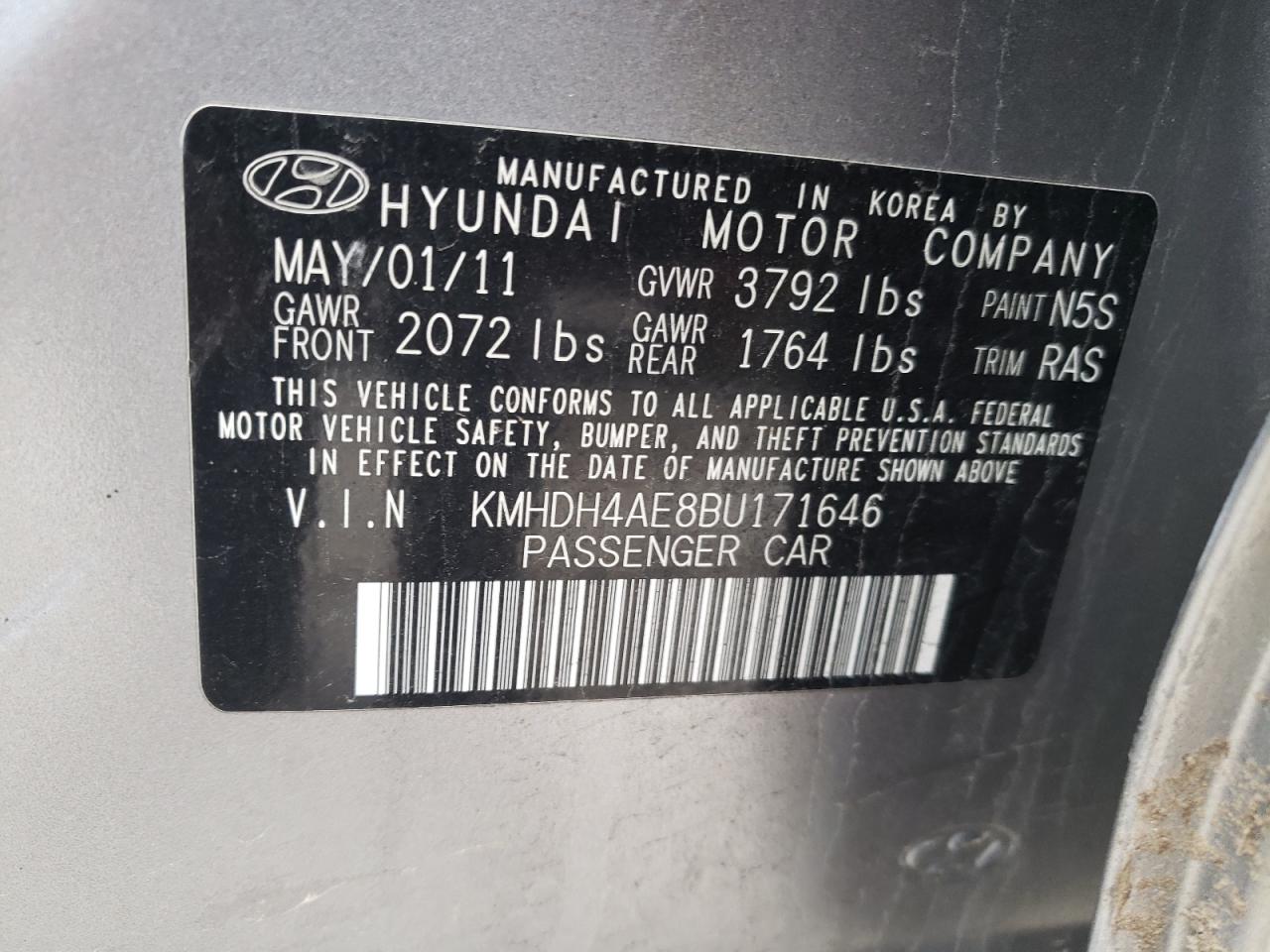 Photo 10 from auction – 2011 HYUNDAI ELANTRA GL with VIN KMHDH4AE8BU171646