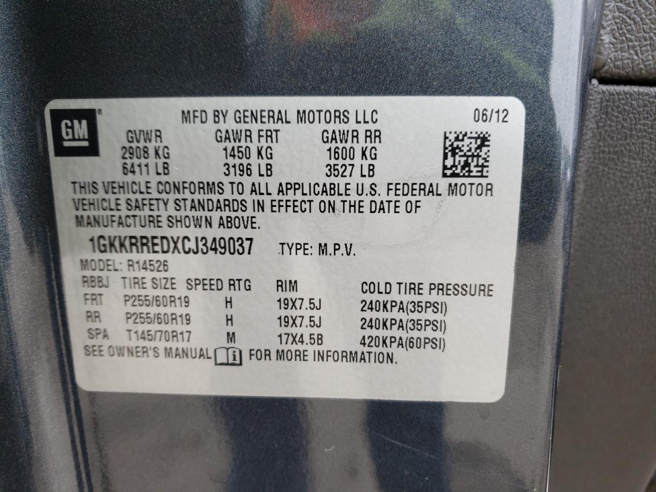Photo 10 from auction – 2012 GMC ACADIA SLT with VIN 1GKKRREDXCJ349037