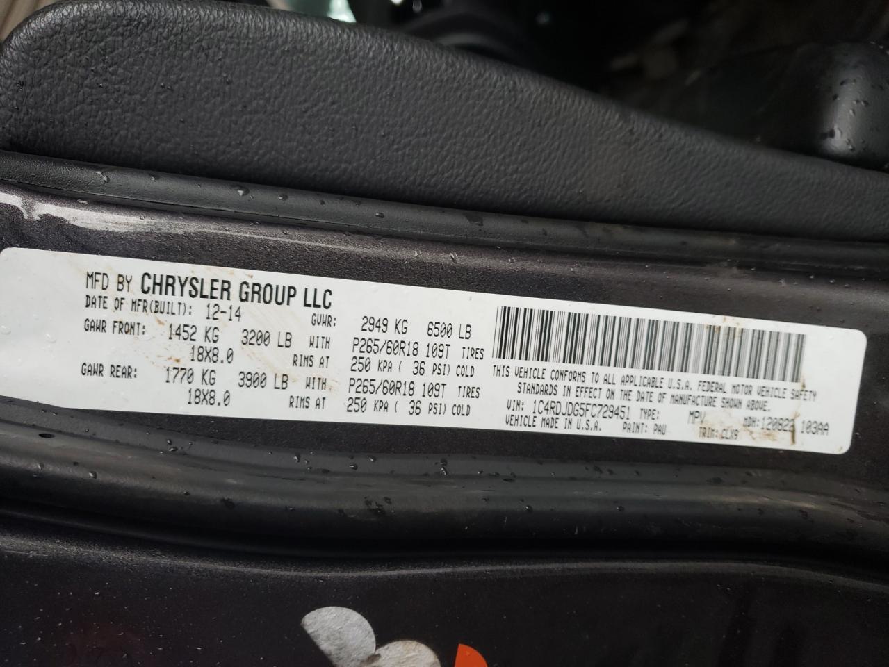 Photo 10 from auction – 2015 DODGE DURANGO LI with VIN 1C4RDJDG5FC729451
