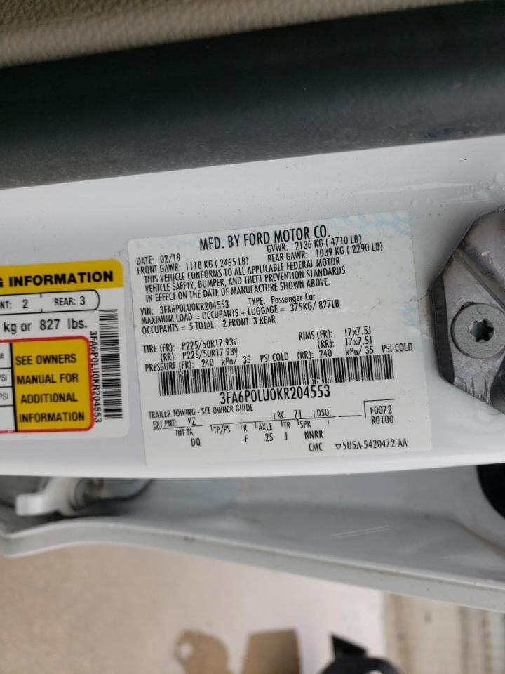 Photo 10 from auction – 2019 FORD FUSION SE with VIN 3FA6P0LU0KR204553