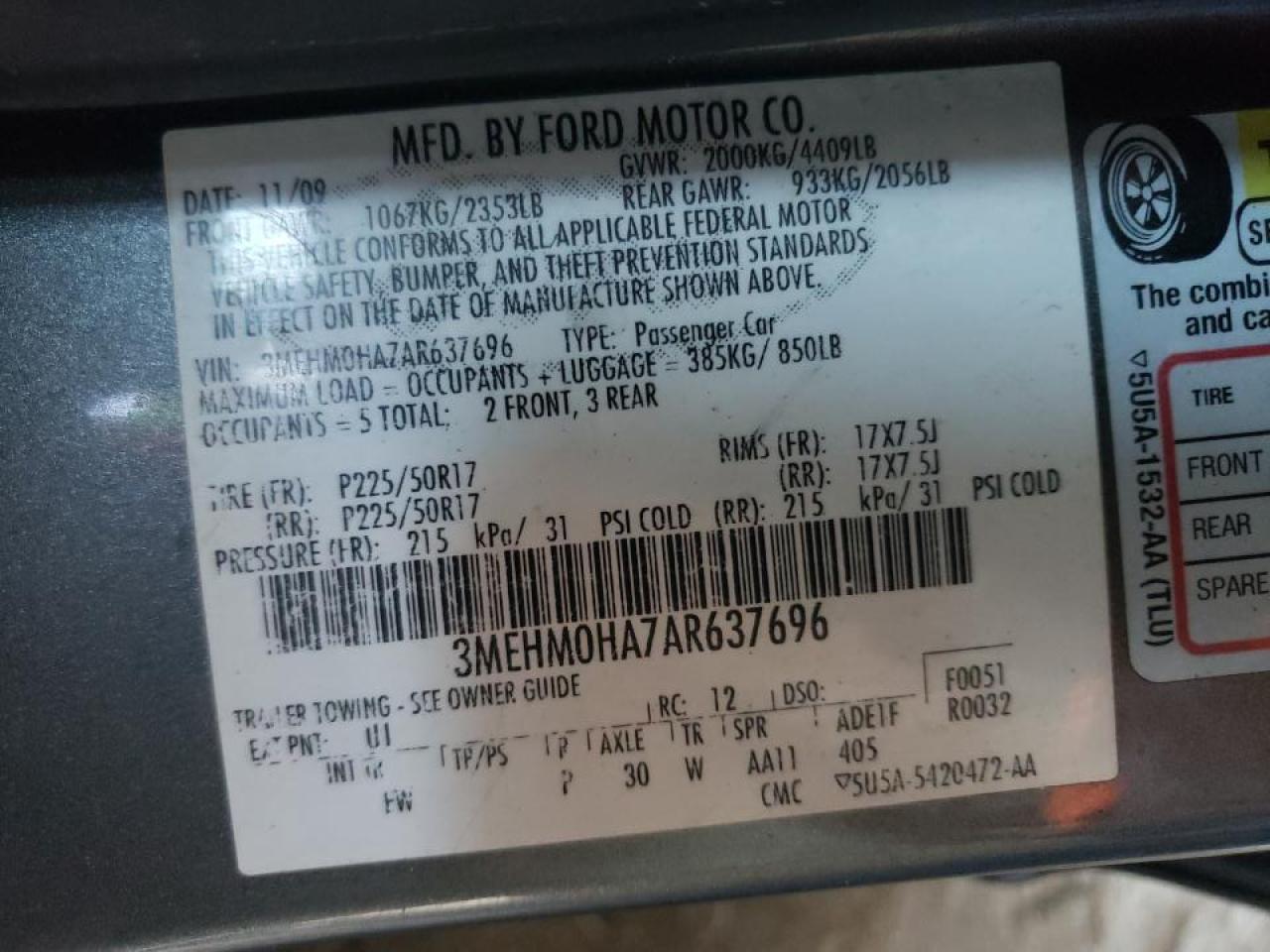 Photo 10 from auction – 2010 MERCURY MILAN with VIN 3MEHM0HA7AR637696