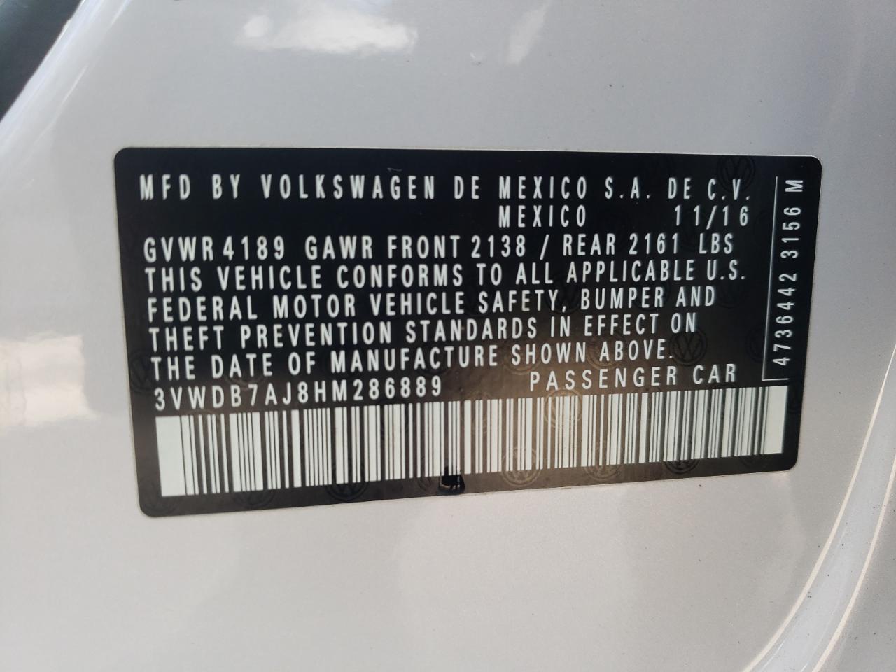 Photo 10 from auction – 2017 VOLKSWAGEN JETTA SE with VIN 3VWDB7AJ8HM286889