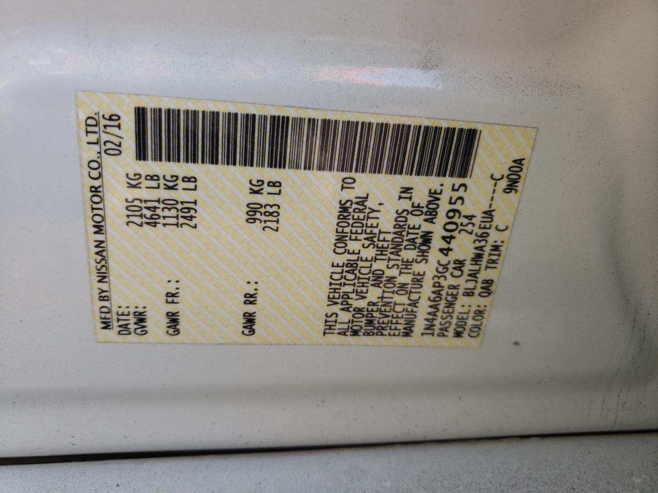 Photo 10 from auction – 2016 NISSAN MAXIMA 3.5 with VIN 1N4AA6AP3GC440955