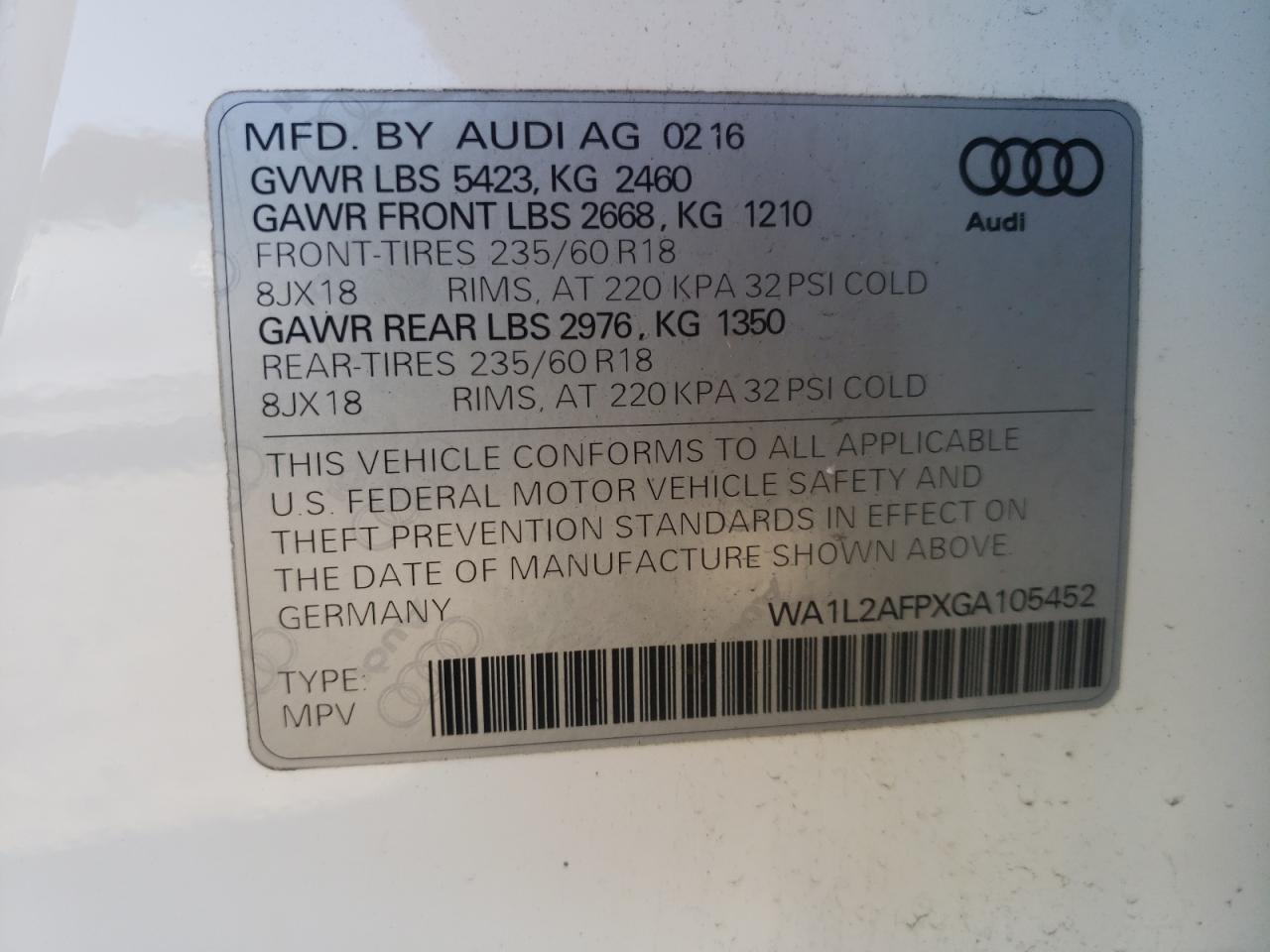 Photo 10 from auction – 2016 AUDI Q5 PREMIUM with VIN WA1L2AFPXGA105452